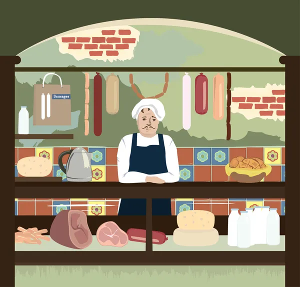 Ilustración vectorial de la tienda retro con surtidores de carne y queso — Vector de stock