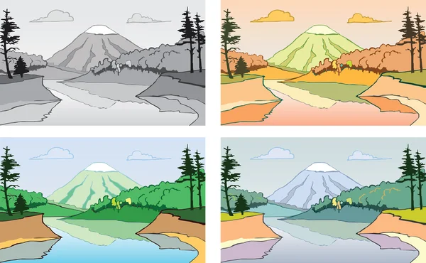 Lake Mountainous Landscape Surrounded Wood Cartoon Drawing Stylized Color — Stock Vector