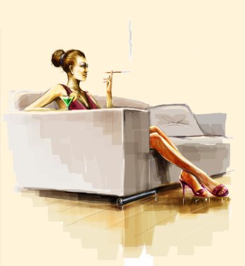 Smoking woman sitting on sofa and holding a glass of straight. clipart