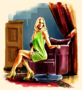 Blonde lady sits on a armchair in half turn in the interior. clipart