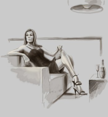 Relaxed lady sitting on the sofa with a glass. Watercolor sketch monochrome. clipart