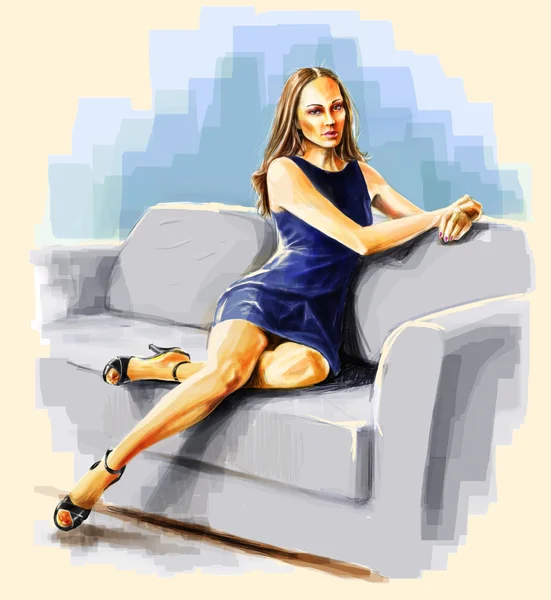 Lady sitting on the sofa bent leg. — Stock Photo, Image