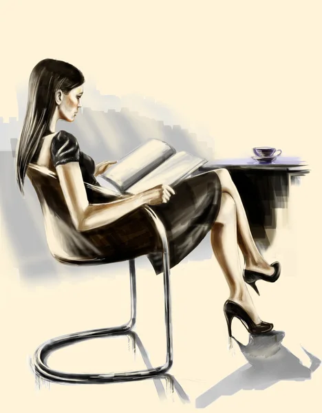 Bir Dergi Okuma Masasında Bir Sandalye Üzerinde Oturan Bayan — Stok fotoğraf