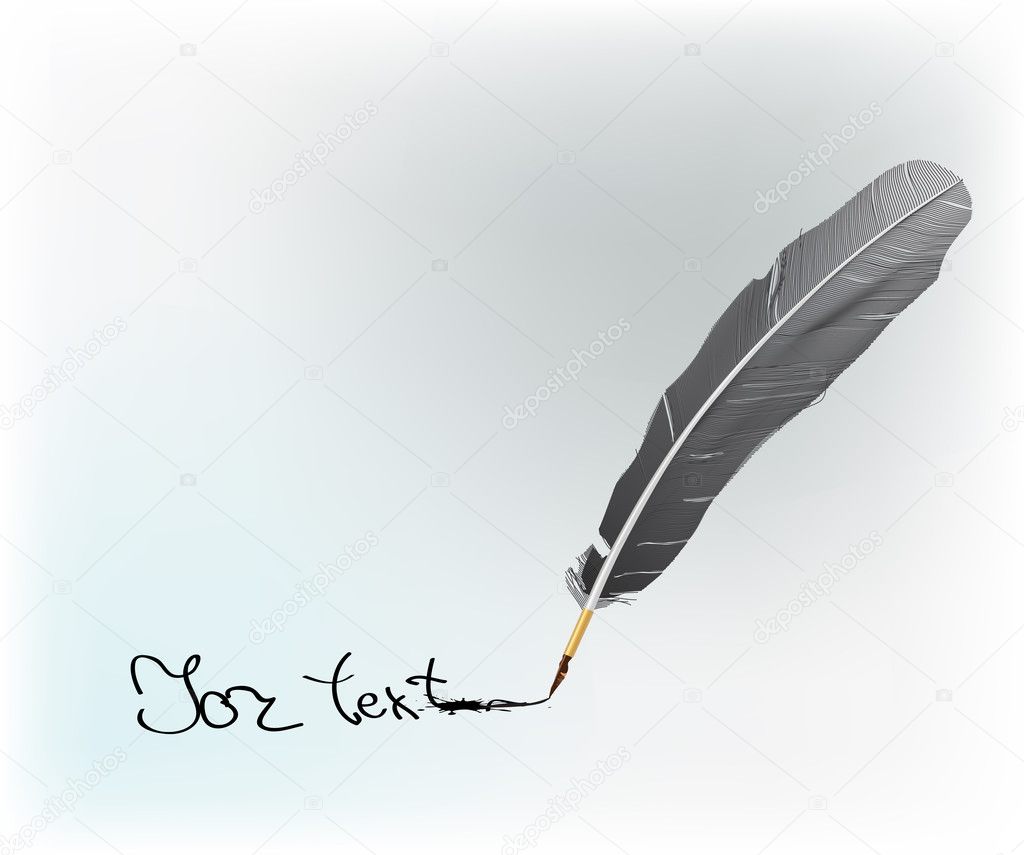 Feather quill and inkwell over white background
