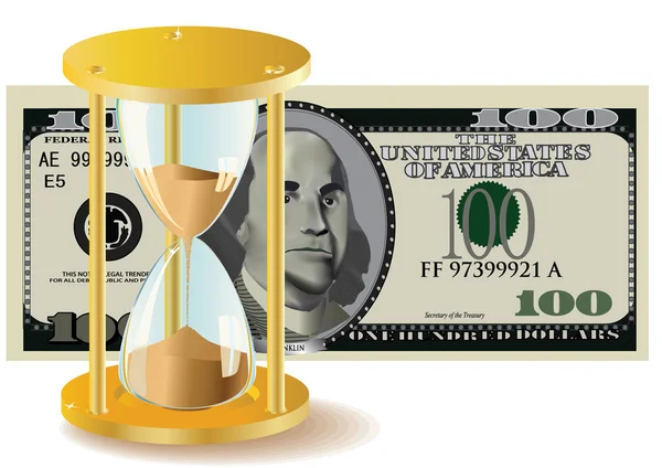 Tijd is geld - uur-glas en dollar rekeningen — Stockvector