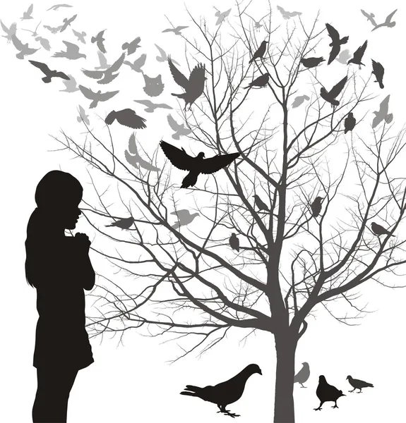 Ilustrações Menina Olha Para Uma Árvore Cheia Pássaros — Vetor de Stock