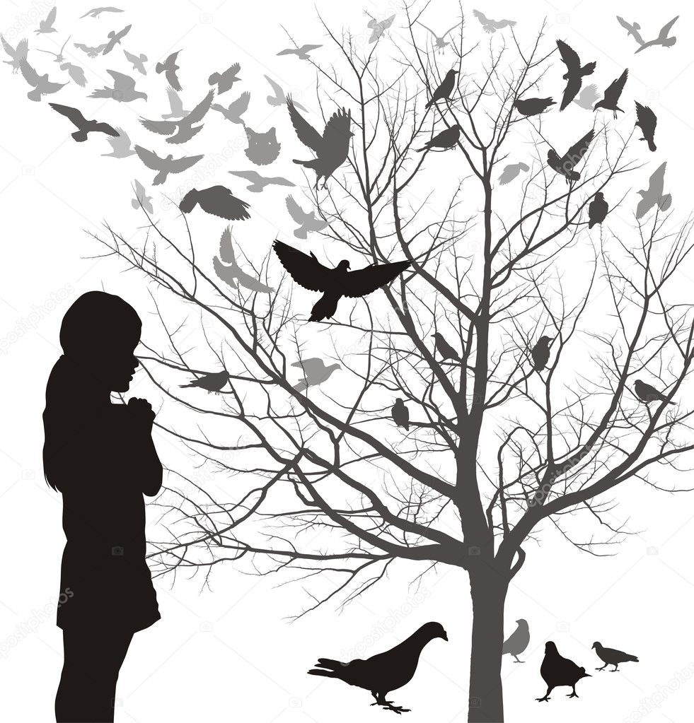 Illustrations girl looks at a tree full of birds