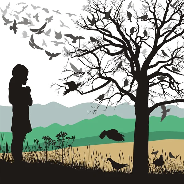 Kind Blickt Auf Einen Baum Voller Vögel — Stockvektor