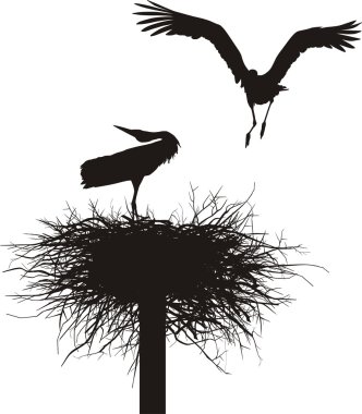 Silhouettes of two storks to nest clipart