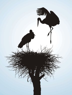 Black vector silhouettes of two storks to nest clipart