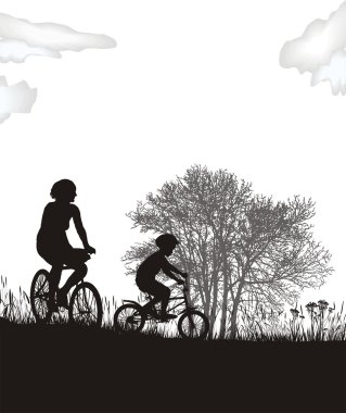 Mother and son on bikes clipart