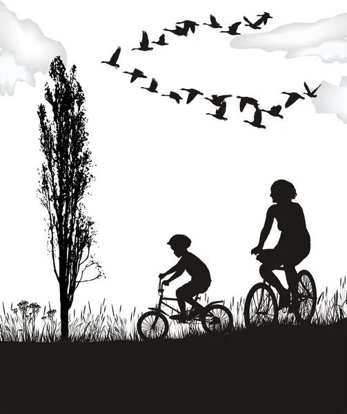 Hijo y madre en bicicleta — Vector de stock