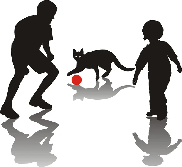 I bambini giocano con un gatto — Vettoriale Stock