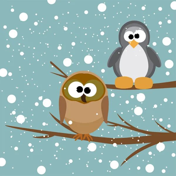Een uil en een pinguïn op een boom onder sneeuwval — Stockvector