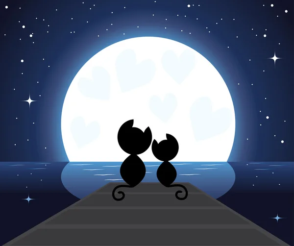 Vector Illustration Two Cats Love Sitting Bridge Watching Moon — Stock Vector