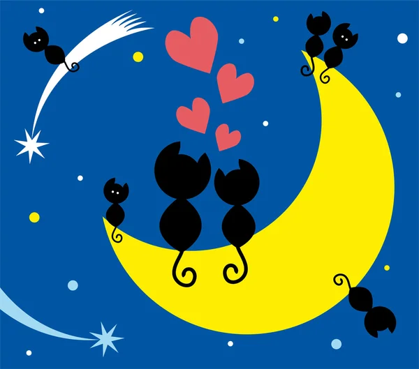 Deux chats amoureux assis sur la lune — Image vectorielle