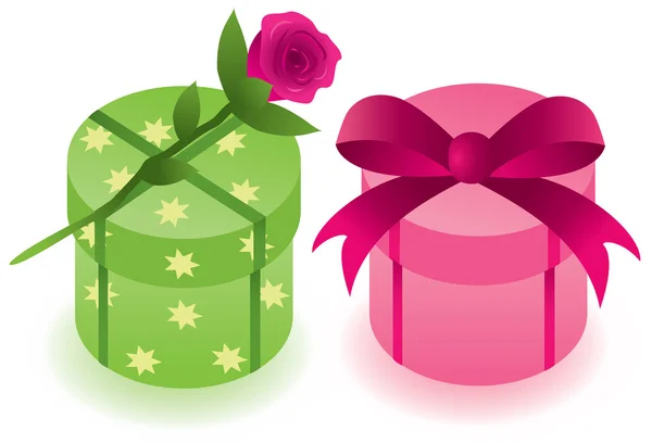 Deux Boîtes Cadeaux Rondes Vectorielles Avec Une Rose — Image vectorielle