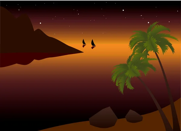 Vektorillustration Des Tropischen Palmenstrandes Der Nähe Des Ozeans Bei Sonnenuntergang — Stockvektor