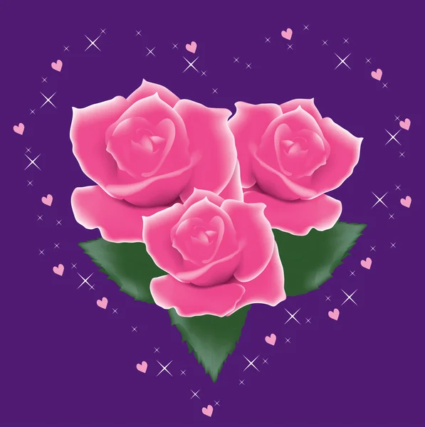 ベクトルの葉とピンクのバラ — ストックベクタ