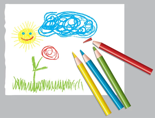 Çocuğun çizim ve renkli kalemler — Stok Vektör