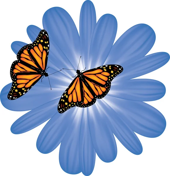 蓝色的花朵上的蝴蝶矢量 — 图库矢量图片