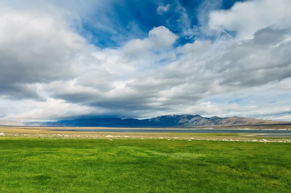 stock image Green field the blue sky white clouds mountains