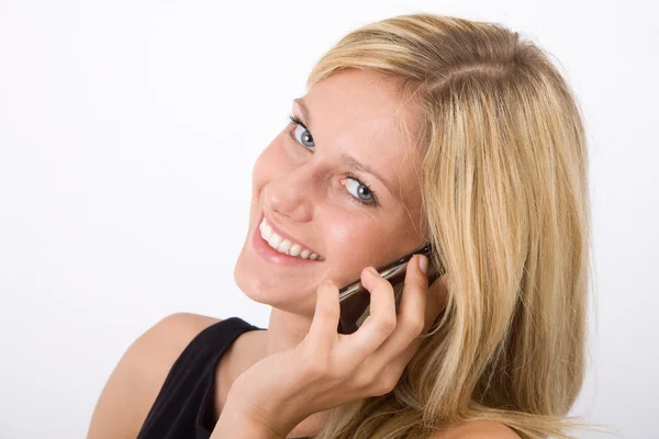 Junge Frau Telefoniert Mit Händig — Stockfoto