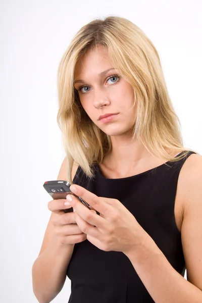 Junge Frau Verschickt Sms Handy — Stock Photo, Image