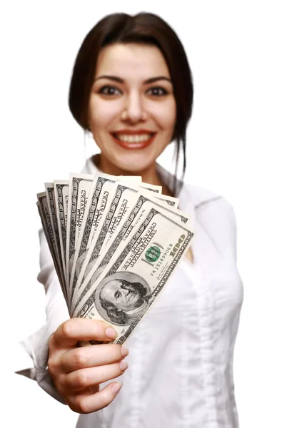 Boldog fiatal nő kezében pénz — Stock Fotó