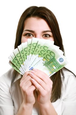 Happy young woman holding money clipart