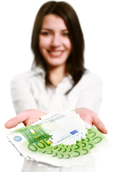 Felice giovane donna in possesso di denaro — Foto Stock