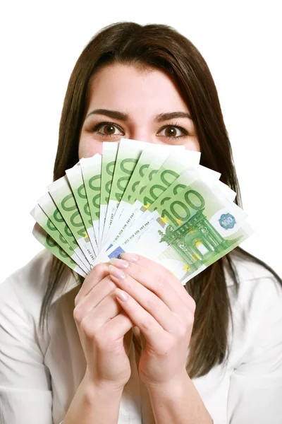 Happy young woman holding money — Stock Photo, Image
