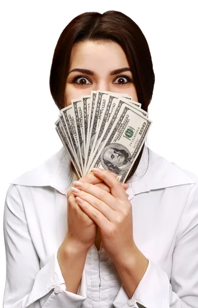 Szczęśliwa młoda kobieta trzyma pieniądze — Zdjęcie stockowe