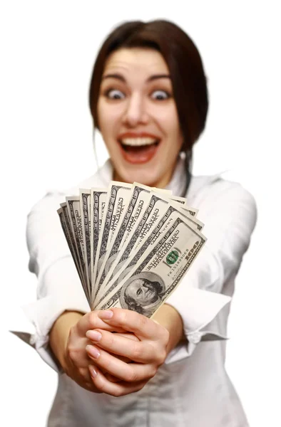 Heureuse jeune femme tenant de l'argent — Photo