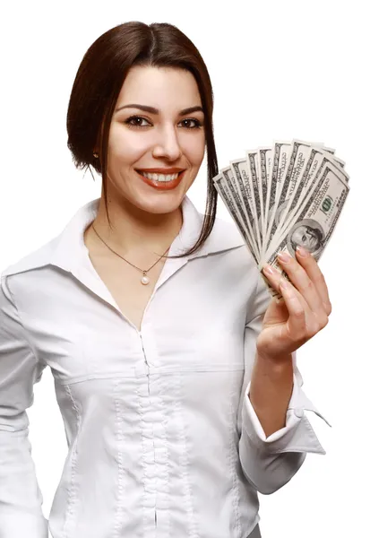 Mutlu genç kadın elinde para tutuyor. — Stok fotoğraf