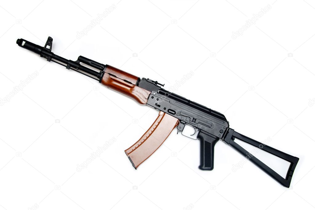Legendary Kalashnikov. Modern rifle of Russian Army. Isolated on white background. Focus on wooden parts. Studio shot.