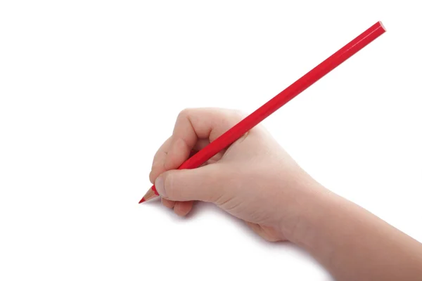Kind Hand Tekent Een Rood Potlood Geïsoleerd Een Witte Achtergrond — Stockfoto