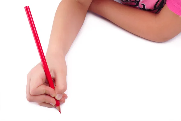 Caminho Recorte Incluído Mão Criança Desenha Lápis Vermelho Isolado Fundo — Fotografia de Stock
