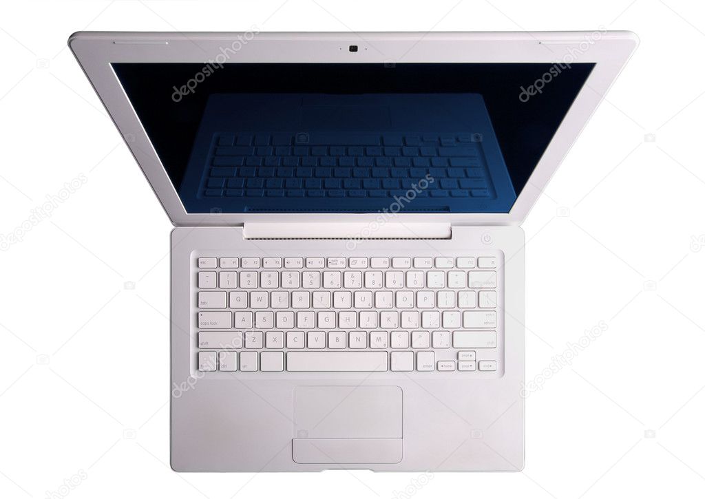 White laptop isolated on white background . Above view taken wide-angle lens. Cliping path of screen and body, included.