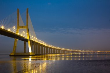 Long Vasco da Gama bridge at night under moonlight clipart