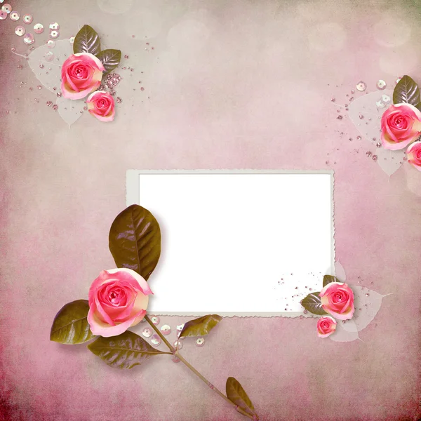 Roze achtergrond met rozen en frame — Stockfoto