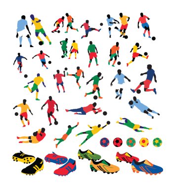 Variety of soccer players silhouettes, shoes and balls in many colors clipart