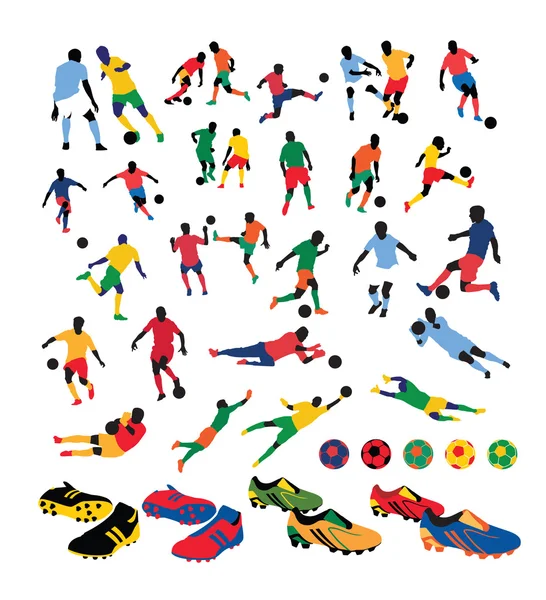 Разнообразие Силуэтов Футболистов Обуви Мячей Разных Цветов — стоковый вектор