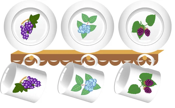 Set Tazze Bianche Piatti Decorati Con Bacche — Vettoriale Stock
