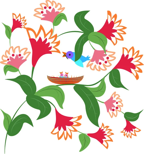 Arbres et oiseaux en fleurs — Image vectorielle