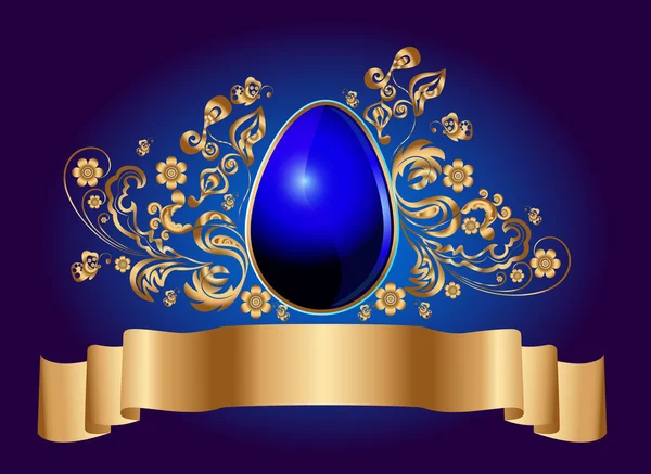Πάσχα Μπλε Φόντο Ένα Αυγό Μια Χρυσή Floral Στοιχεία — Διανυσματικό Αρχείο