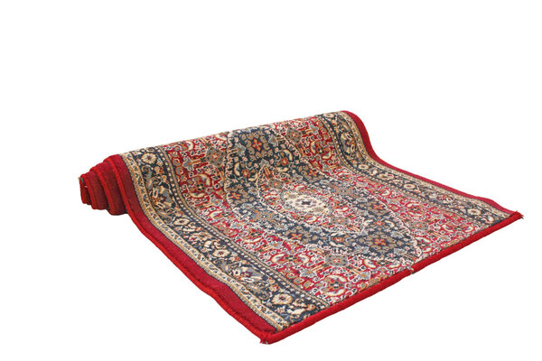 Half rolled oriental carpet on white