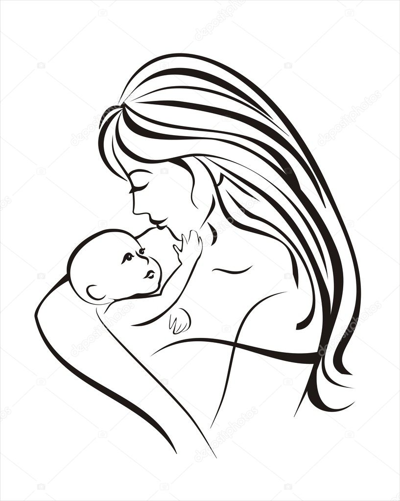 Mother and child, vector sketch in black lines