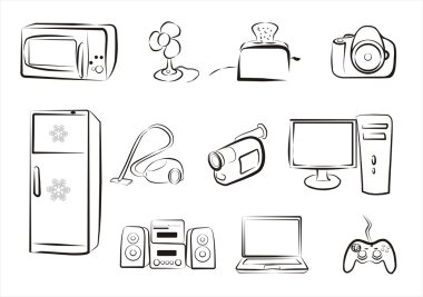 Set of electric goods and home related electronics part 2 simple icons in black lines clipart