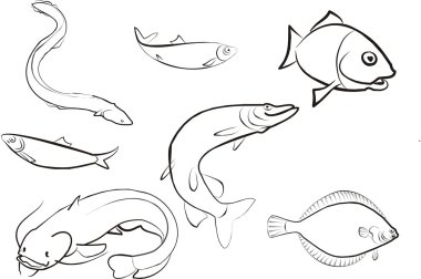 Set of isolated editable fish icons clipart